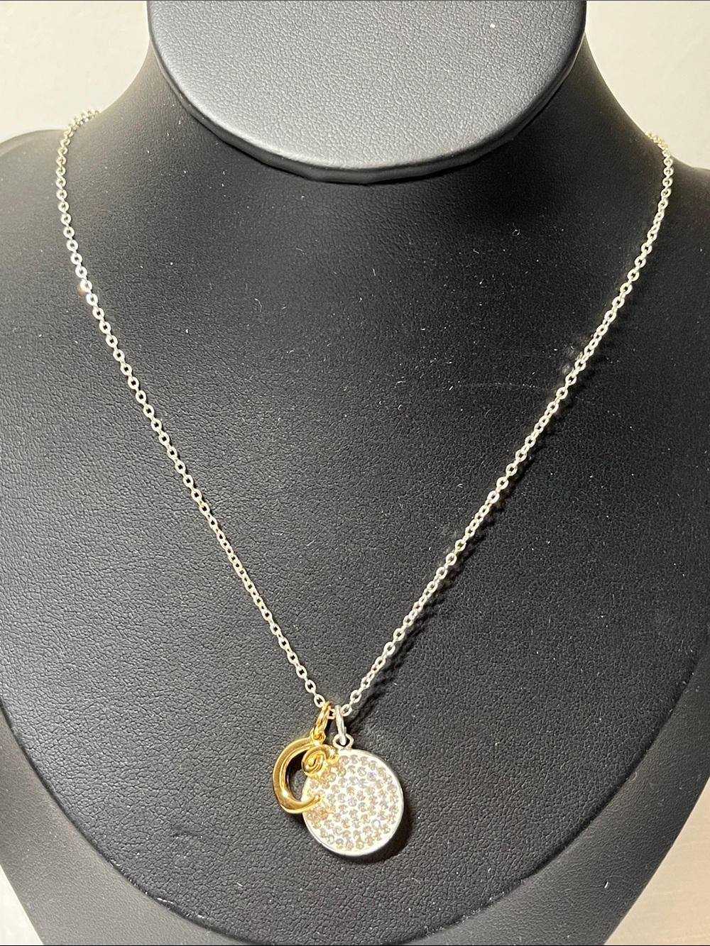 Gold & Silver Pavé Disc Pendant “C” Necklace